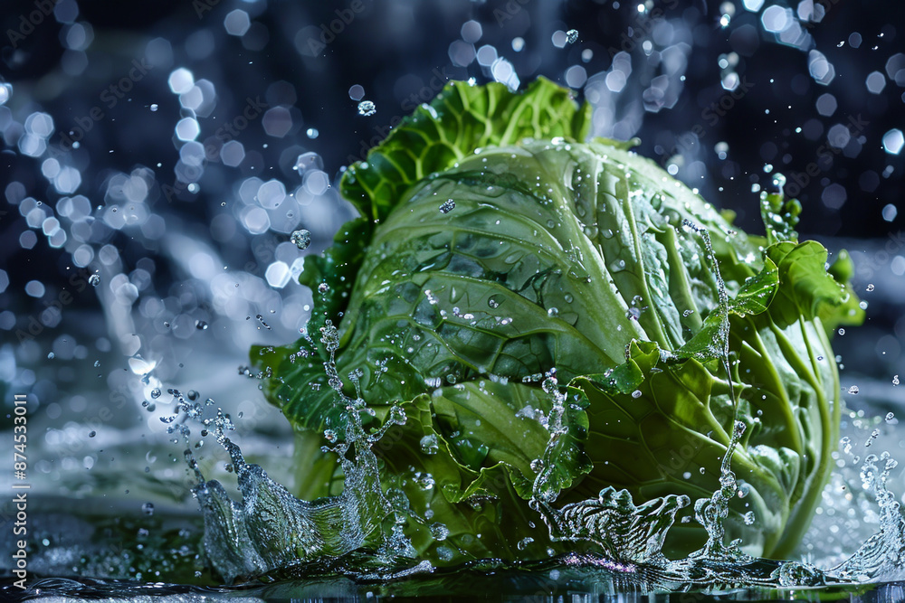 Poster a head of cabbage is floating in a stream of water