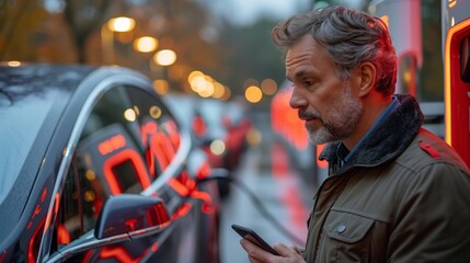 Man Checking Electric Vehicle Charging Status on Phone at Night
