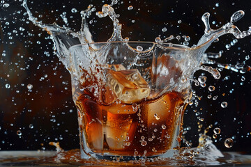 A glass of liquid with ice cubes in it is splashing water