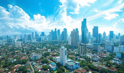 Obraz premium Modern cityscape with skyscrapers, bright blue sky with fluffy white clouds