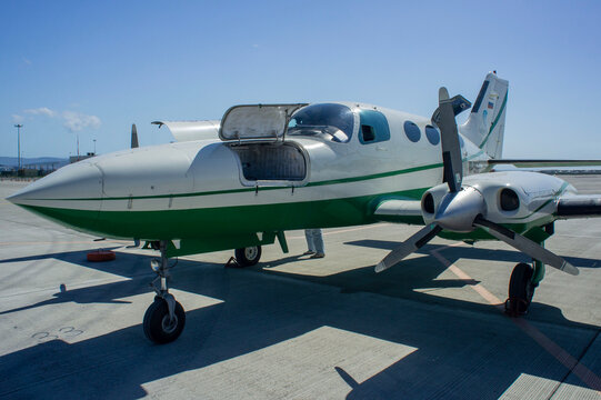 Hydroaviation show - 2010. merican light multipurpose twin-engine eight-seat aircraft Cessna 402 parked at the airport. Gelendzhik, Russia - September 12, 2010