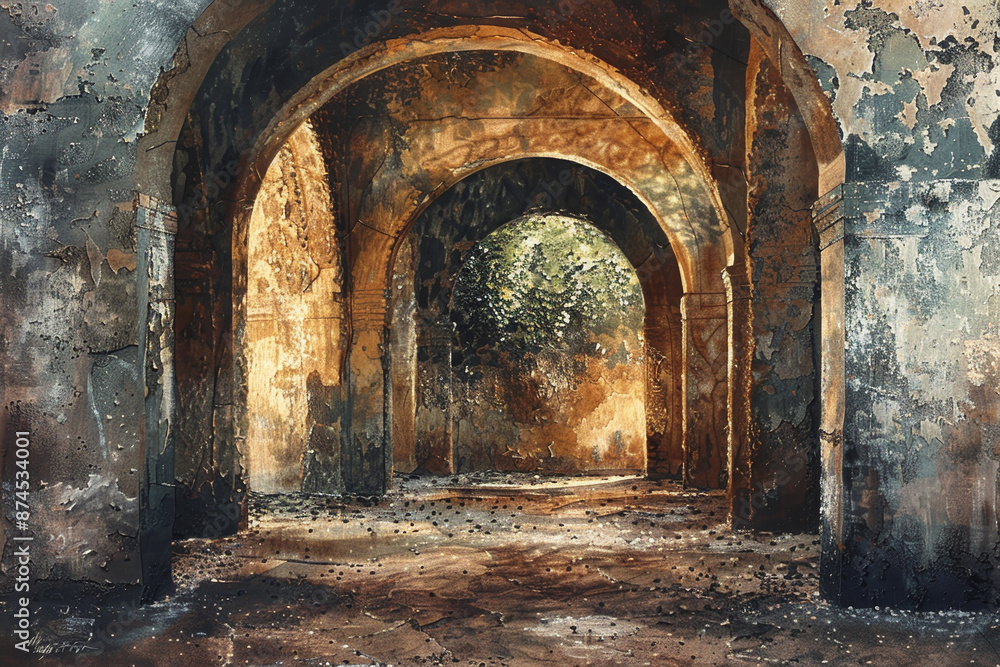 Poster a painting of a large, empty room with a large archway in the middle