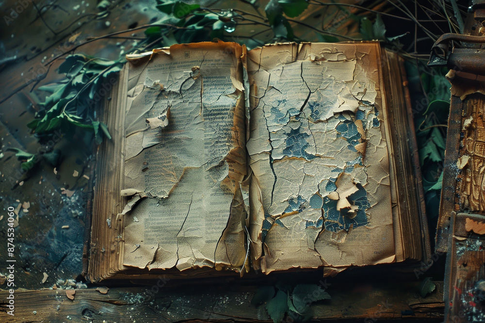 Aufkleber a book with a torn cover and pages is open to a page with the letters i and o