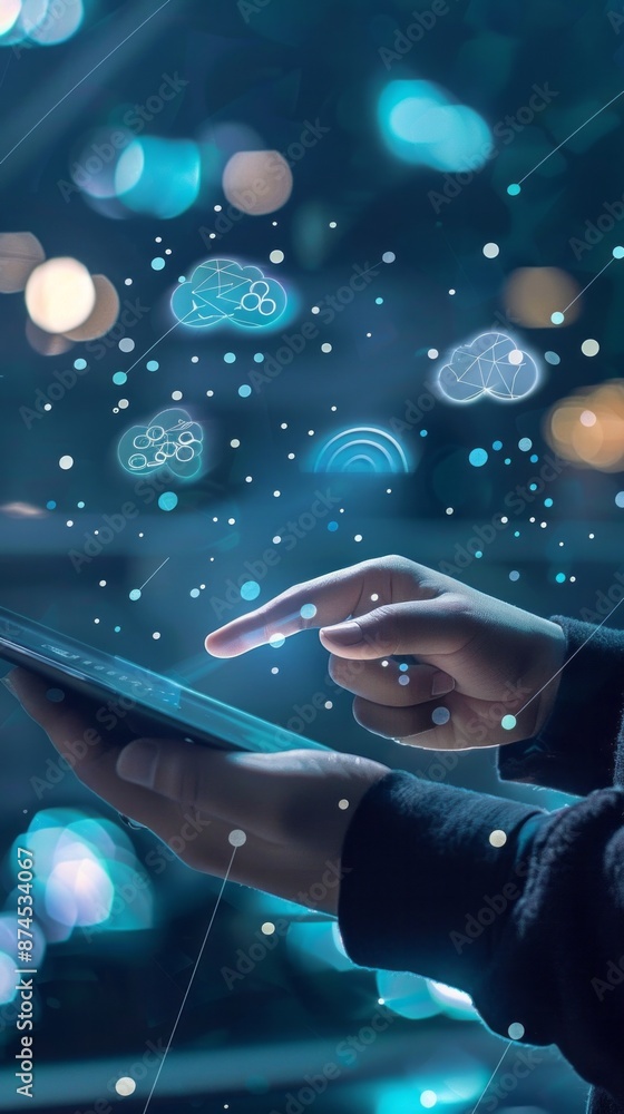 Poster businessman using tablet to transfer data on cloud computing, seamless data transfer and strong inte