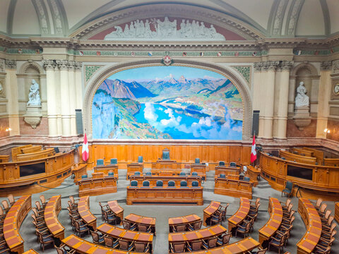 Interior of Hall of National Council of Swiss Federal Palace in Bern, Switzerland