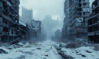 Planet Earth after humans are gone, abandoned city, buildings falling apart, overgrown vegetation, cracked streets, destroyed, snowing, winter