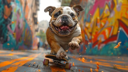 Excited Bulldog Puppy Skateboarding in Colorful Graffiti Alley