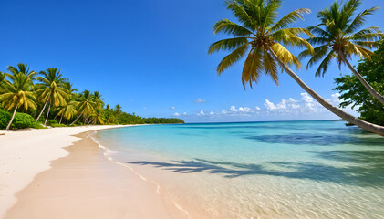 Obraz premium Tropical island sea beach, beautiful paradise nature panorama landscape, coconut palm tree green leaves, turquoise ocean water, blue sky sun white cloud, yellow sand, summer holidays, vacation, travel