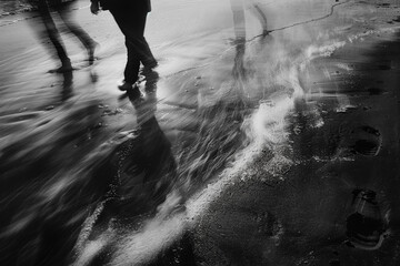 Obraz premium A blurry image of a person walking on a beach with the sand