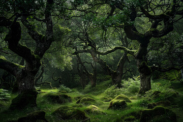 Obraz premium A forest with moss growing on the trees and a lot of green grass