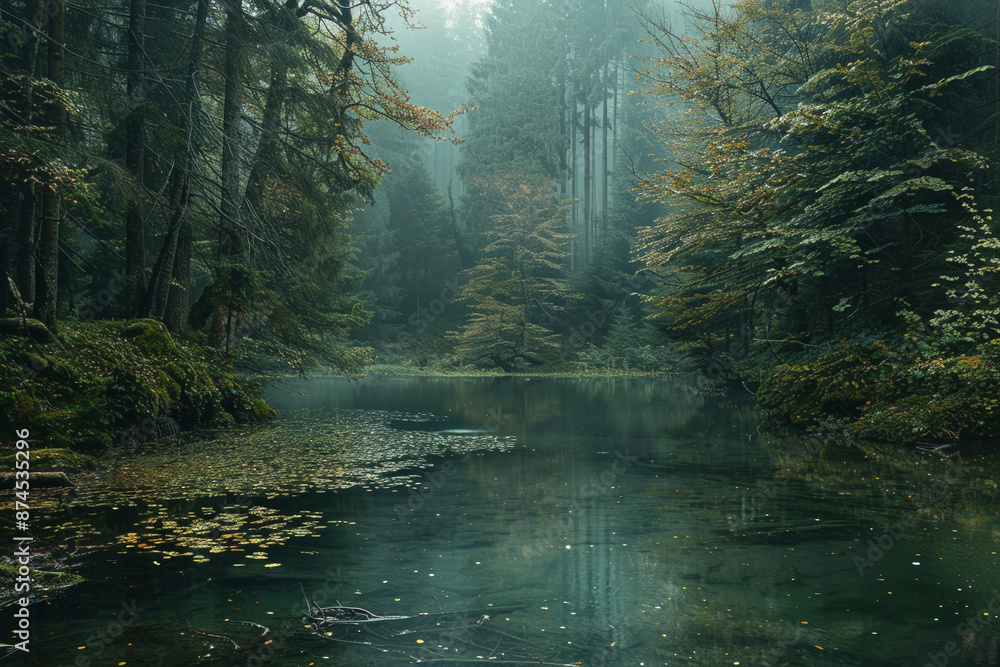 Poster a forest with a river running through it