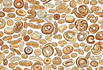 seamless vector image with continuous pattern including bakery products. Bread, pastries,	
