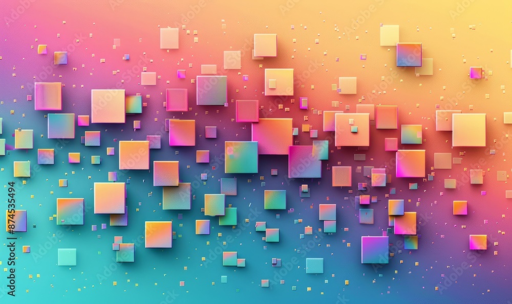 Poster random boxes forming a rectangle with rainbow gradient colours, random square sizes from large to sm