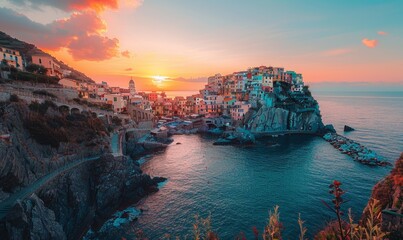 Fototapeta premium Town and bridge over sea during sunset