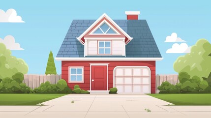 Naklejka premium Charming red house with blue roof and white trim in lush greenery