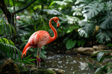 A flamingo stands in a pond surrounded by lush green plants