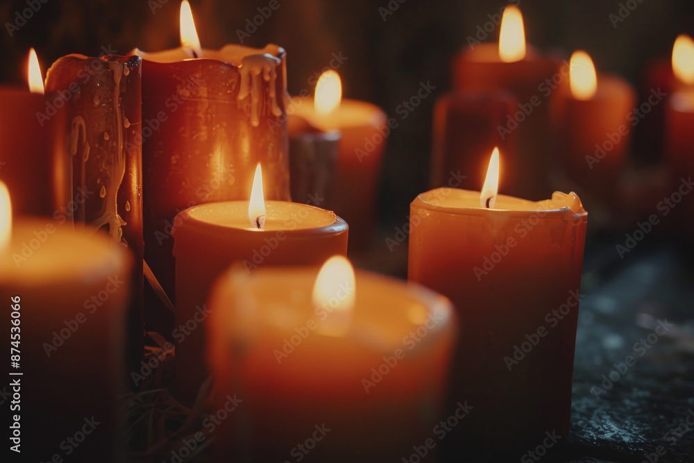 Poster a bunch of candles are lit and arranged in a row