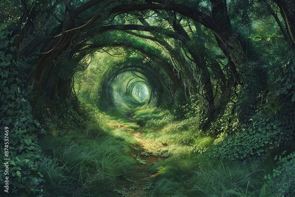 Poster a forest path with a tunnel in the middle