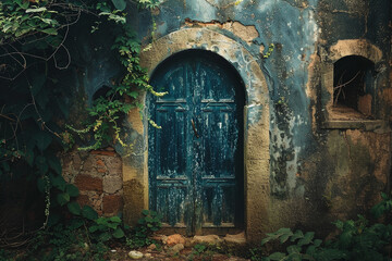 Fototapeta premium A blue door with a green vine growing out of it