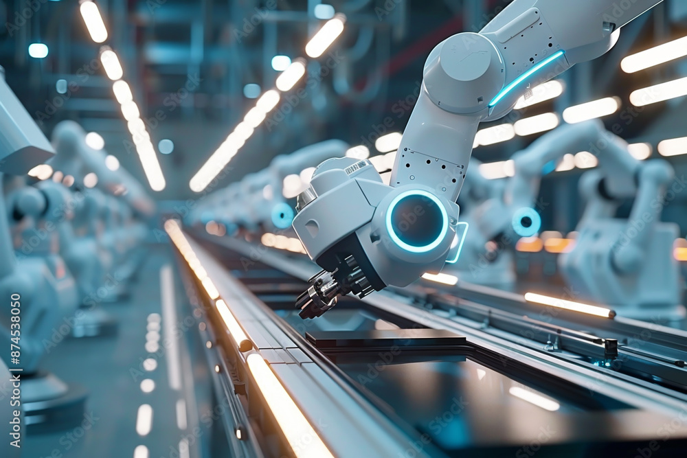 Poster a robot is working on a machine in a factory