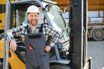 Warehouse man worker with forklift