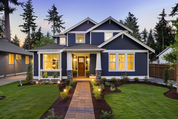 Modern Craftsman Style Home with Elegant Landscaping and Evening Lights
