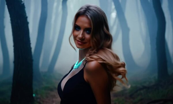 portrait of a woman in a dark forest with neon neckless