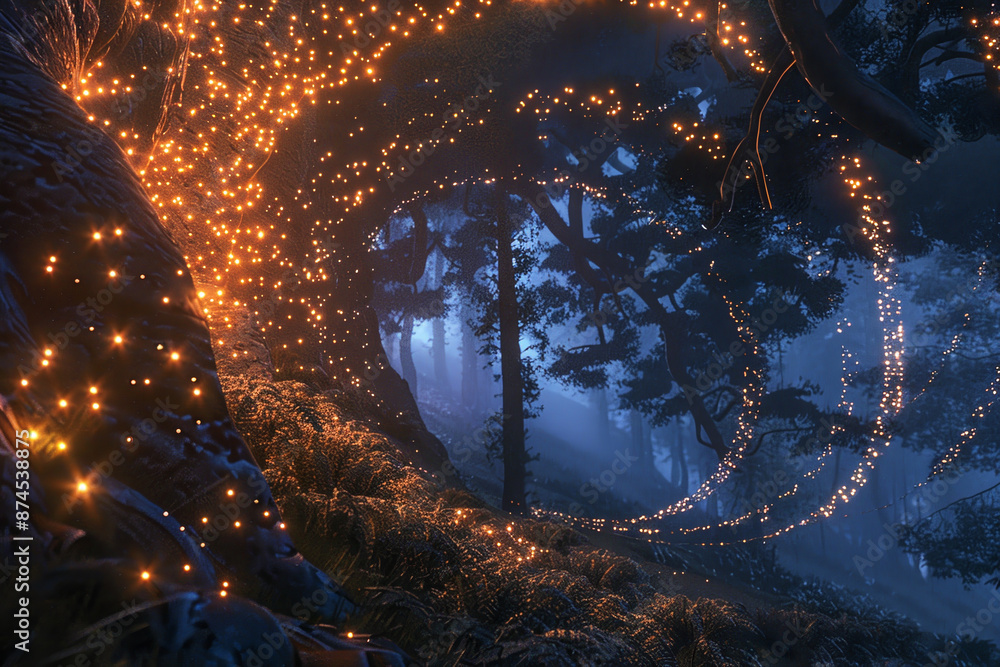 Poster a forest with glowing trees and a glowing circle in the middle