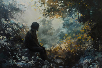 A man sits on a rock in a forest