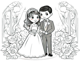 Fototapeta premium wedding greeting card, children's wedding illustration, newlyweds, wedding ceremony, vector illustration, 