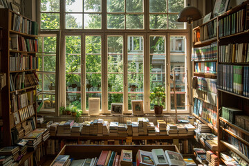 Fototapeta premium A library with a lot of books and a window