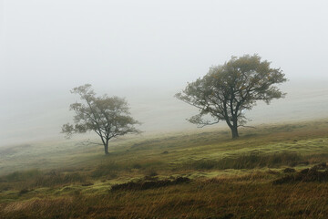 Fototapeta premium Two trees are standing in a field with a foggy sky
