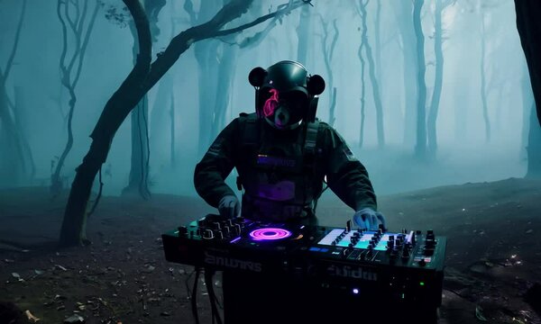 An astronaut in a full spacesuit with neon neckless stands mouse and ape,  in a foggy, eerie forest. The atmosphere is thick with suspense, as twisted trees loom and shadows dance. 