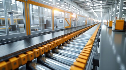 Fototapeta premium A modern and clean empty conveyor belt system inside an industrial manufacturing plant. The metallic rollers reflect the bright interior lighting