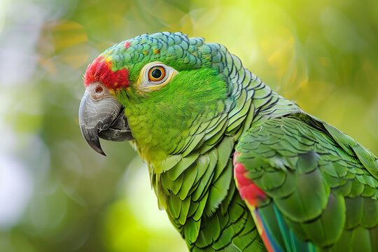 A green and red parrot is perched on a tree branch