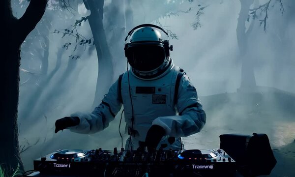 An astronaut in a full spacesuit with neon neckless stands in a foggy, eerie forest. The atmosphere is thick with suspense, as twisted trees loom and shadows dance. Amidst this horror setting, 