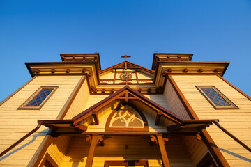 Wooden church at sunrise
