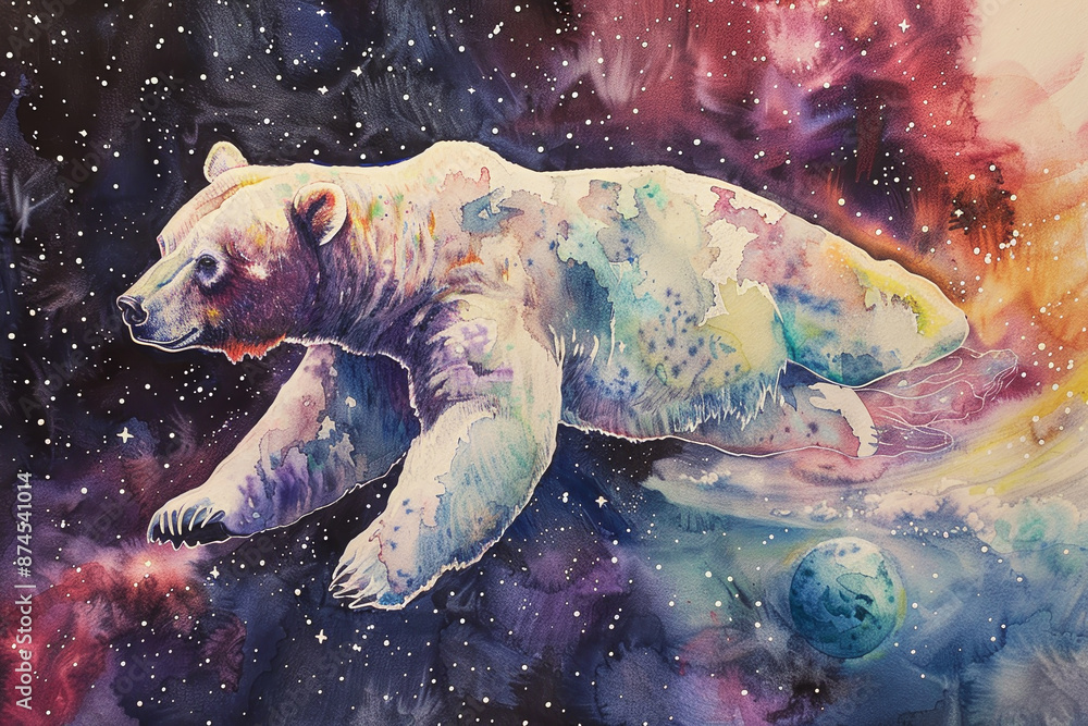 Poster a bear is flying through space with a planet in the background