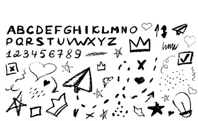 Naklejka premium alphabet and numbers wax texture design. Large set of various elements with wax crayon texture