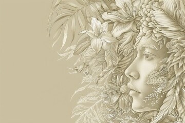 Detailed sketch of a woman's face with floral elements, digital art, elegant and modern.