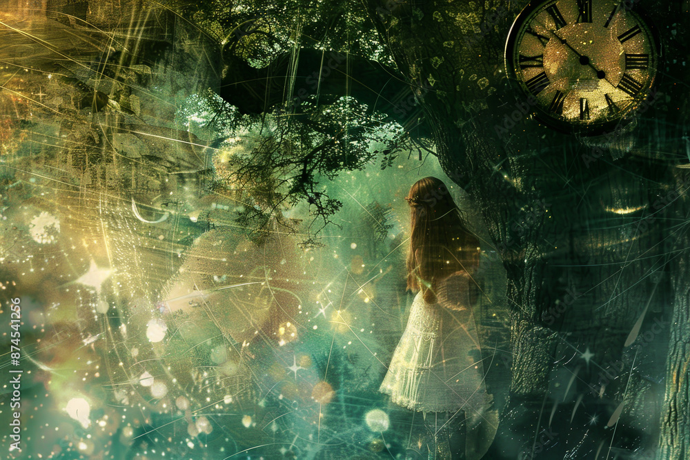 Aufkleber a girl is standing in front of a tree with a clock on it