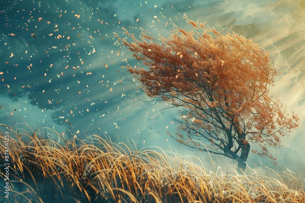 Poster a tree is blowing in the wind and leaves are falling from it