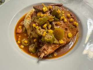 Pork chop, okra, and mashed potatoes for dinner