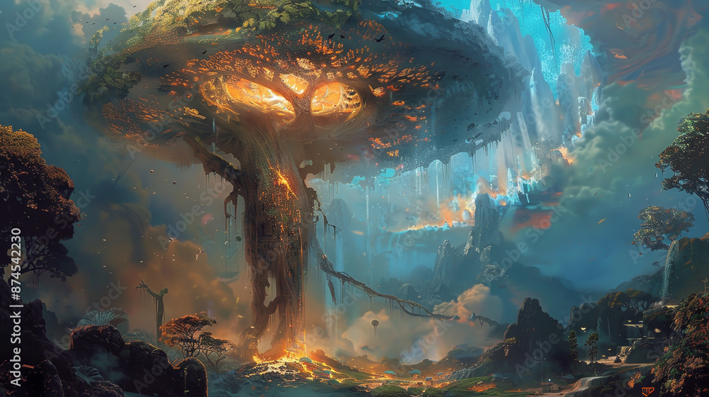 Poster a tree with a large trunk and branches is surrounded by a lush green forest