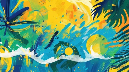 Abstract illustration of summer, featuring bright splashes of yellow, blue, and green with sun shapes, waves, and palm tree silhouettes blending together.