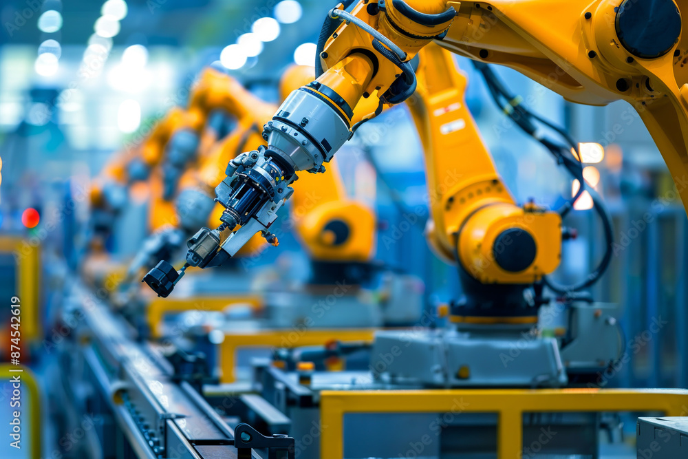 Poster a factory with robots working on a line