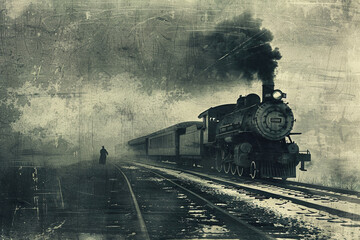 Fototapeta premium A train is on the tracks with a man standing on the side of the tracks