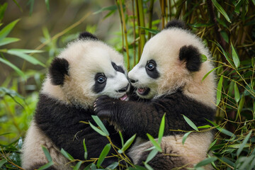 Obraz premium Two baby pandas are hugging each other in a lush green forest