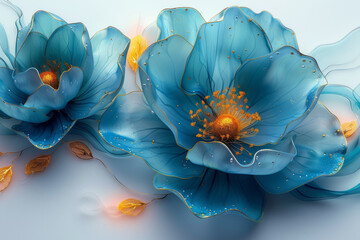 a wallpaper botanical flowers with one big flower for whole artwork flowing alcohol ink style bioluminescence white background, white, gold,  