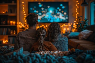 Obraz premium Family Enjoying Movie Night Together In Cozy Living Room